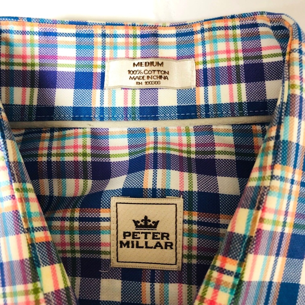 Peter Millar Mens Plaid Shirt Button Up Navy Purple Preppy Office Size M Cotton - Picture 4 of 4